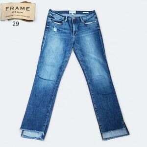 FRAME Le High Straight Jeans Women's 29 Blue Distressed Raw Hem Ankle Denim